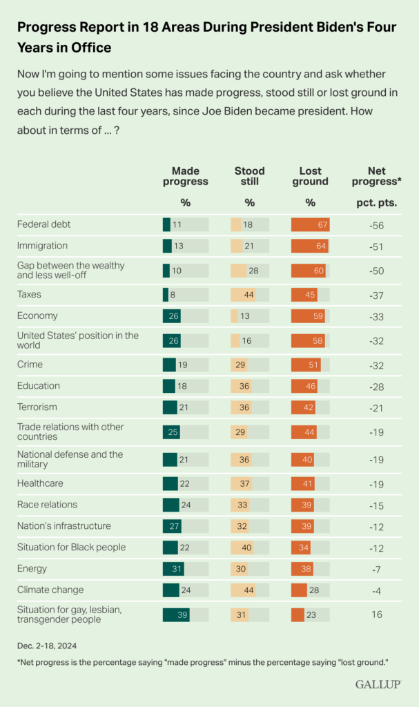 Chart showing 18 areas of focus for a gallup poll covering economy, social issues, and international issues. 